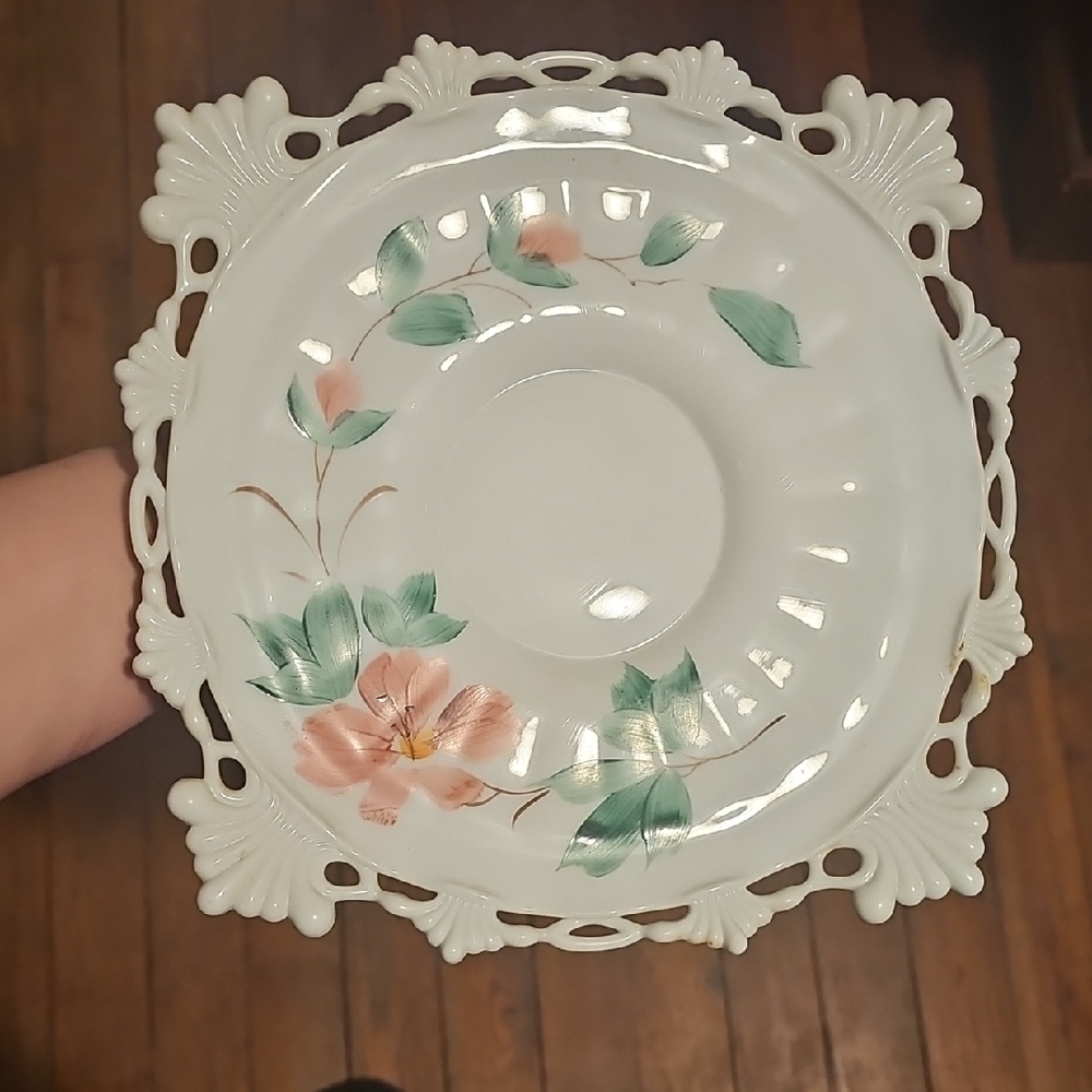 Vintage Hand Painted Floral Elegant Milk Glass Serveware Plate 7inx7in